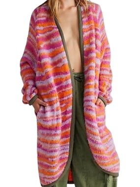 Free People Tiger Duster Cardigan Sweater Pink Paradise Size Large